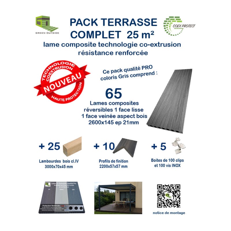 Kit complet 25 m² terrasse composite Coexprotect® coloris Gris