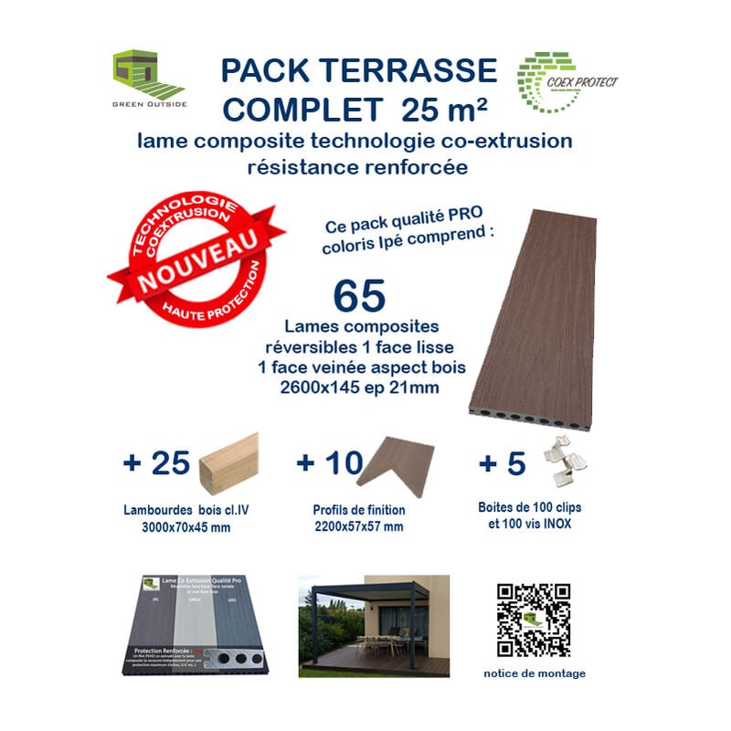 Kit complet 25 m² terrasse composite Coexprotect® coloris ipe