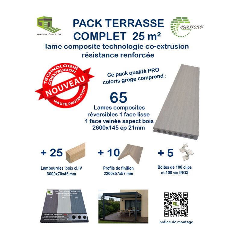 Kit complet 25 m² terrasse composite Coexprotect® coloris Grege