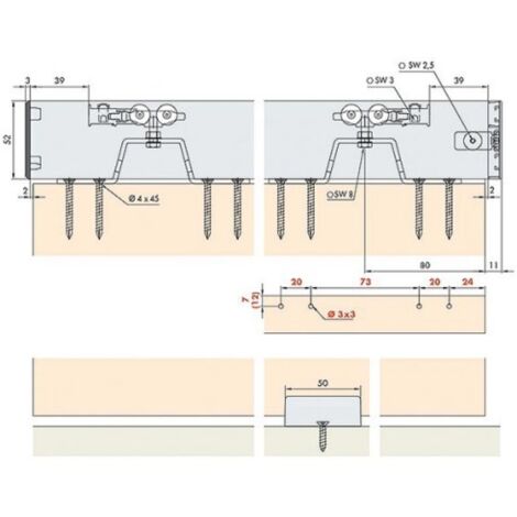 Kit complet EKU-PORTA 40 H - pour 1 porte - avec amortisseurs - rail 2000 mm - HAWA