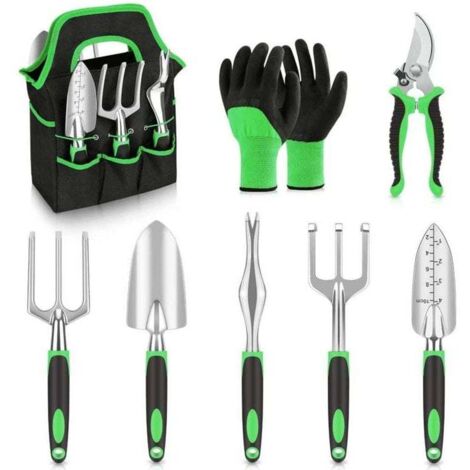 Kit complet outils jardinage 8 pièces durables avec sac et gants, XU, Cadeau jardinier - Vert, produit qualité supérieure, durable et fiable, matériaux sélectionnés - KZQ