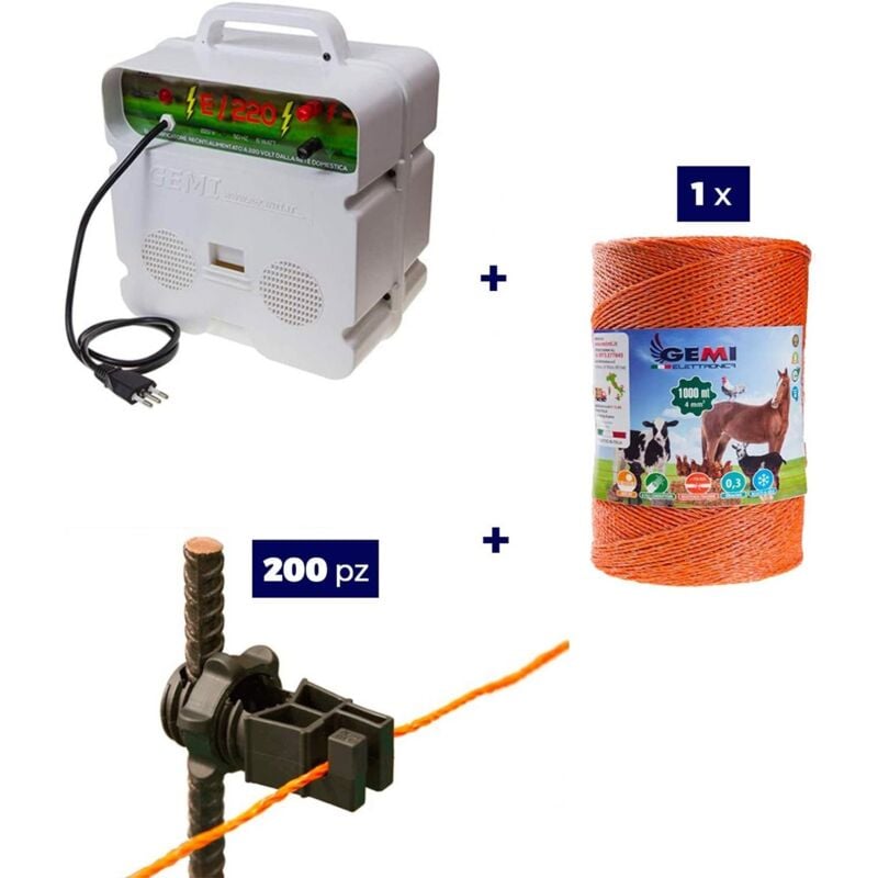 Kit complet pour clôture électrique : 1 x ELECTRIFICATEUR 220V + 1 x Fil 1000 MT 4 Mm² + 200 pcs Isolateur Pour Piquets En Fer - clôture électrifiée