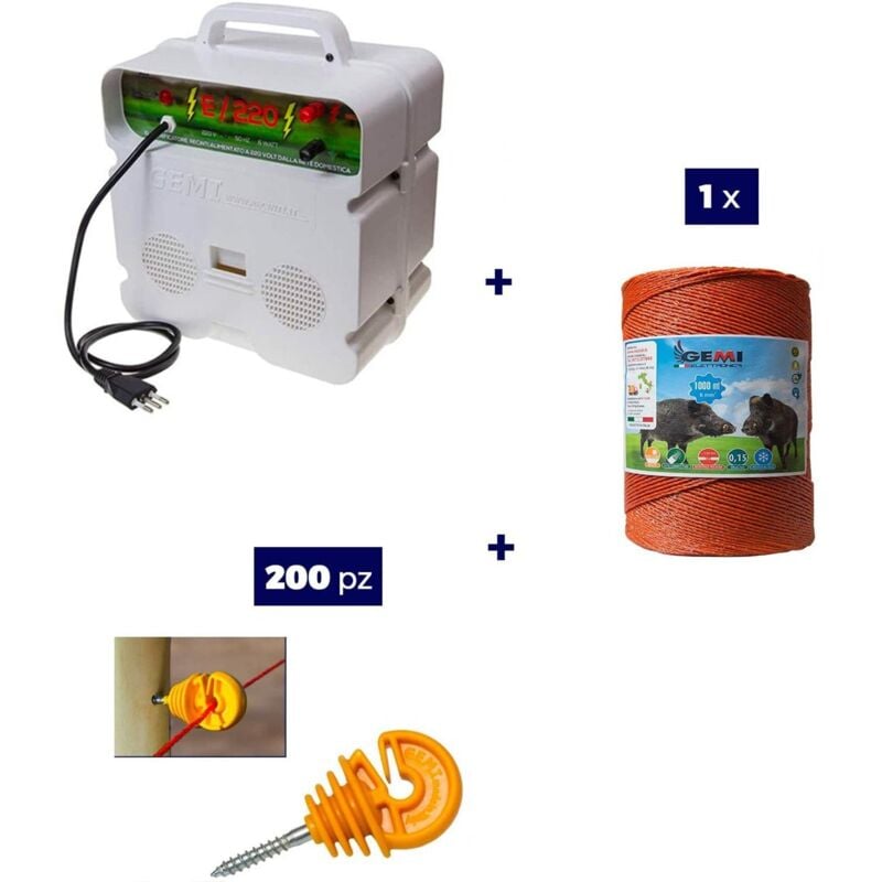 Gemi Elettronica - Kit Complet pour Clôture Électrique: 1 x Electrificateur 220V + 1 x Fil 1000 mt 6 Mm² + 200 pcs Isolateur pour Piquets en Bois