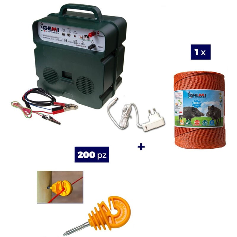 Gemielettronica - Kit Complet pour Clôture Électrique : 1 x Electrificateur B12 Double Alimentation 12 V / 220 V + 1x Fil 1000 MT 6 Mm² + 200 pcs
