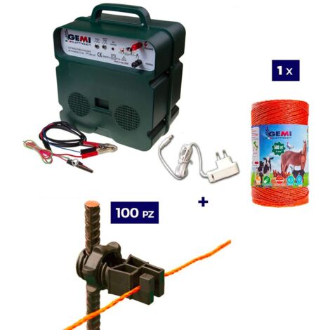 Kit Complet pour Clôture Électrique : 1 x Electrificateur B12 Double Alimentation 12 V / 220 V + 1x Fil 500 MT 4 Mm² + 100 pcs Isolateur pour Piquets en FER - Clôture Électrifiée