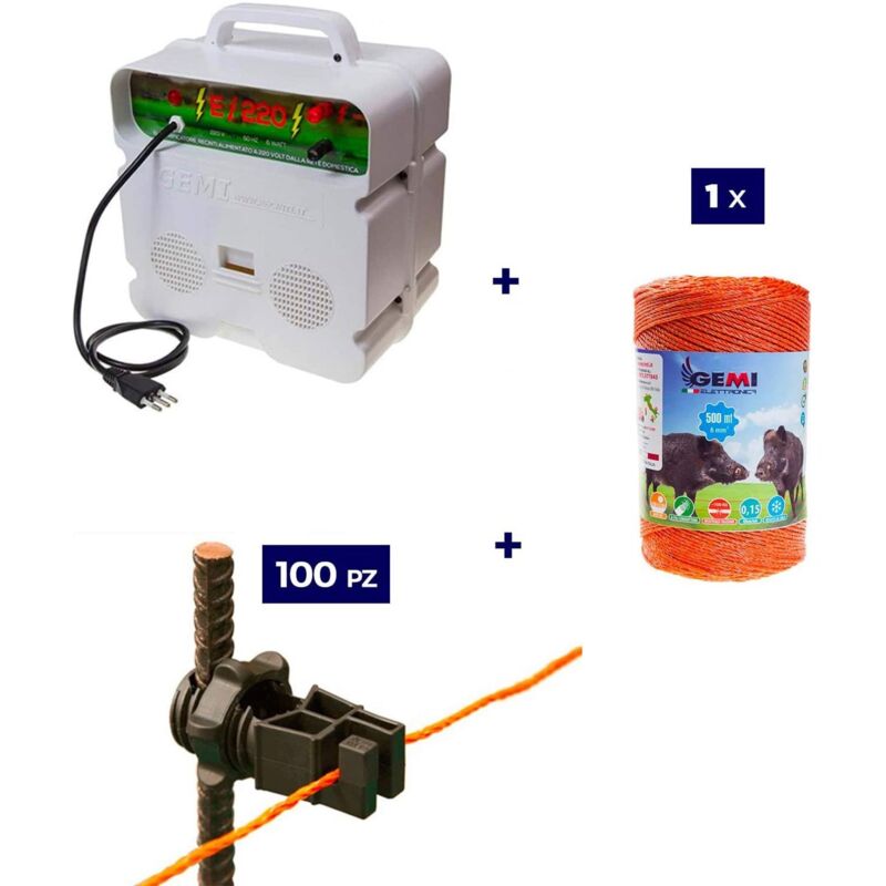 Kit complet pour clôture électrique : 1x electrificateur 220V + 1 x Fil 500 mt 6 Mm² + 100 pcs Isolateur Pour Piquets En Fer - clôture électrifiée