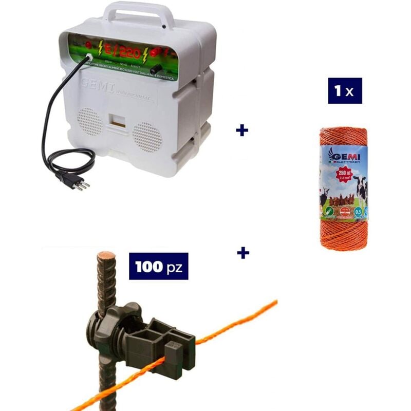 Kit Complet pour Clôture Électrique : 1 x Electrificateur 220V + 1x Fil 250 mt 2,2 Mm² + 100 pcs Isolateur pour Piquets en Fer - Clôture Électrifiée