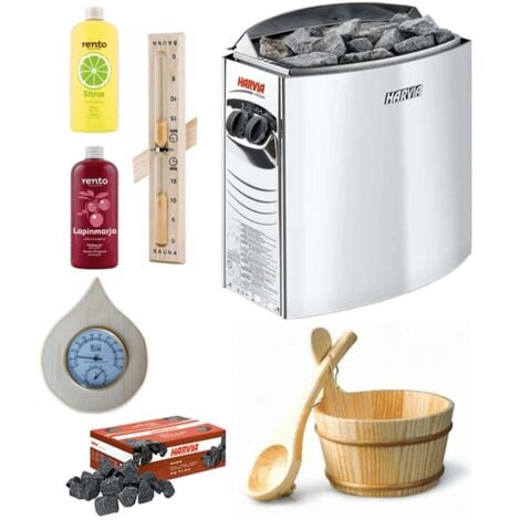 DESINEO Kit complet sauna harvia 8 kw + aromathérapie seau louche thermometre hygrometre sablier en bois et pierres volcaniques 20kg