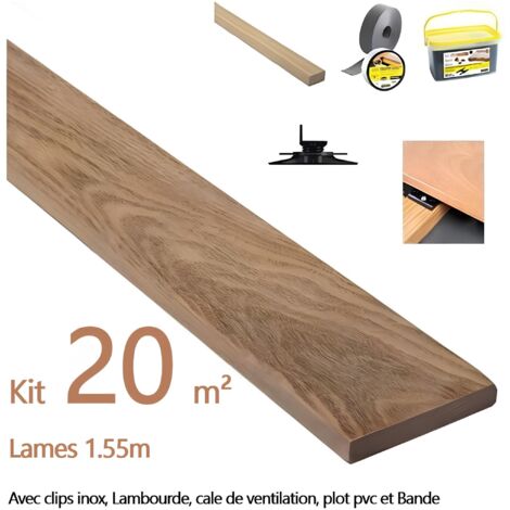 Kit complet terrasse 20m² en bois exotique Cumaru Longueur de lames 1550mm
