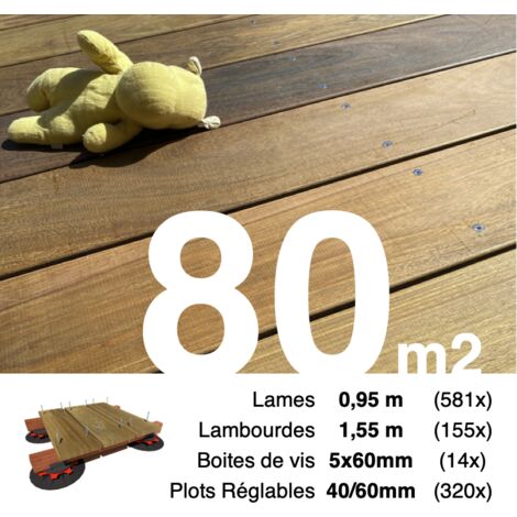 Kit complet terrasse bois exotique IPE pour 80 m² • Lames 0,95 m, lambourdes 1,55 m, plots réglables et visserie Inox • Livraison gratuite