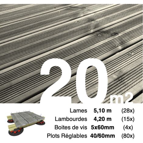 Kit complet terrasse Pin autoclave Gris pour 20 m² • Lames 5,1 m, lambourdes 4,2 m, plots réglables et visserie Inox • Livraison gratuite
