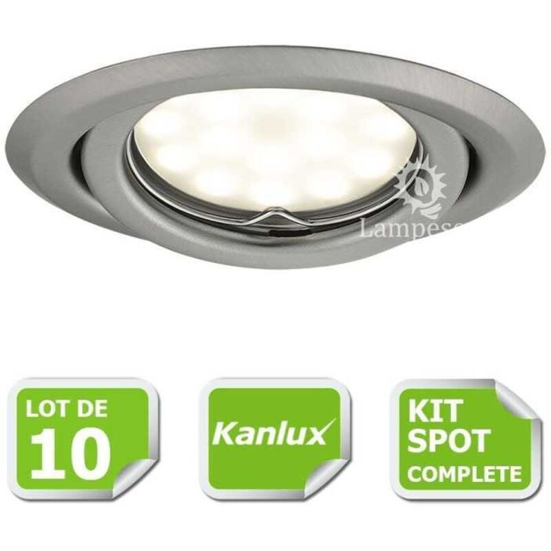 Kit complete de 10 Spots encastrable chrome mat orientable marque Kanlux avec GU10 led 5W 3000K blanc chaud