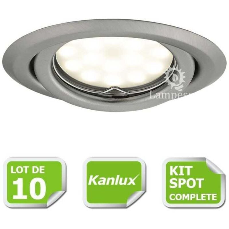 Kit complete de 10 Spots encastrable chrome mat orientable marque Kanlux avec GU10 led 5W blanc froid 6000K