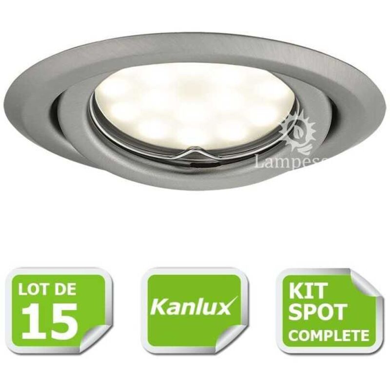 Kit complete de 15 Spots encastrable chrome mat orientable marque Kanlux avec GU10 led 5W 3000K blanc chaud