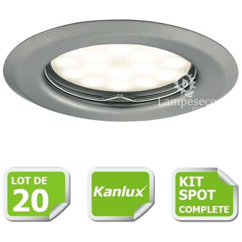Kit complete de 20 Spots encastrable chrome mat marque Kanlux avec GU10 led 5W Blanc Chaud