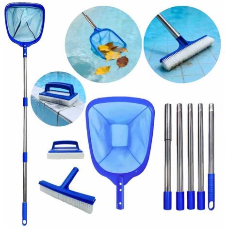 Kit completo de mantenimiento para piscinas: red para skimmer y cepillos con mástil telescópico de 5 secciones.