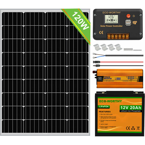 Kit completo de panel solar de 120W Batería recargable de litio LiFePO4 de 20Ah 12V