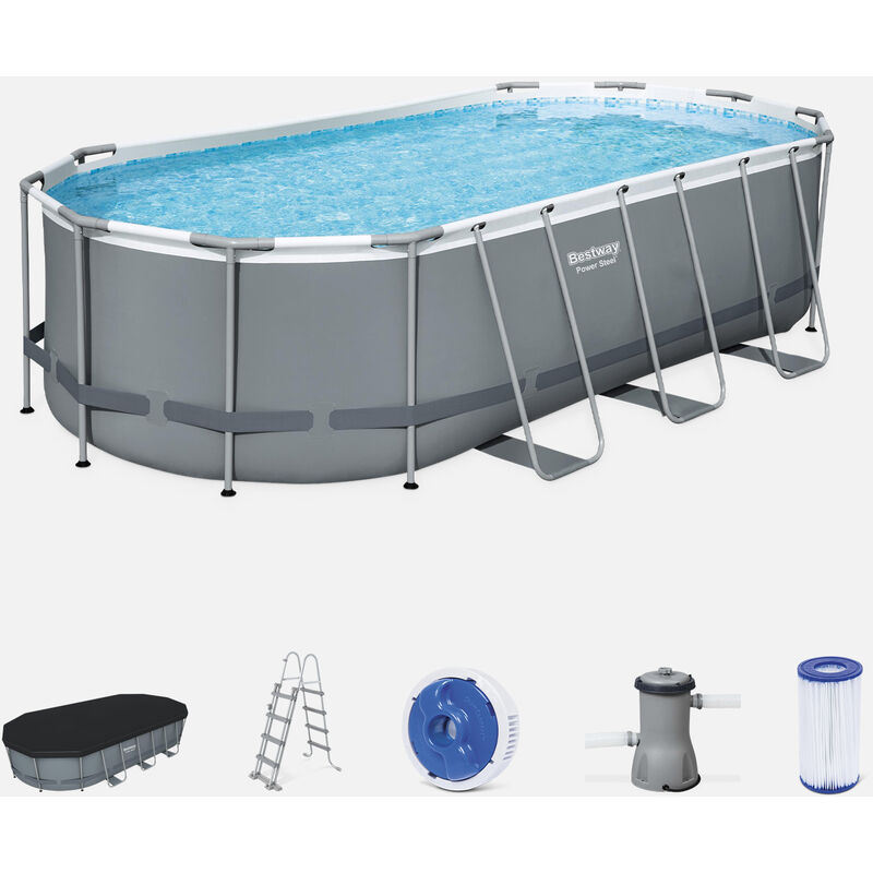 

Alice's Garden - Kit completo de piscina BESTWAY - Spinelle gris - piscina tubular ovalada de 5x3 m, bomba de filtración, escalera, lona, difusor