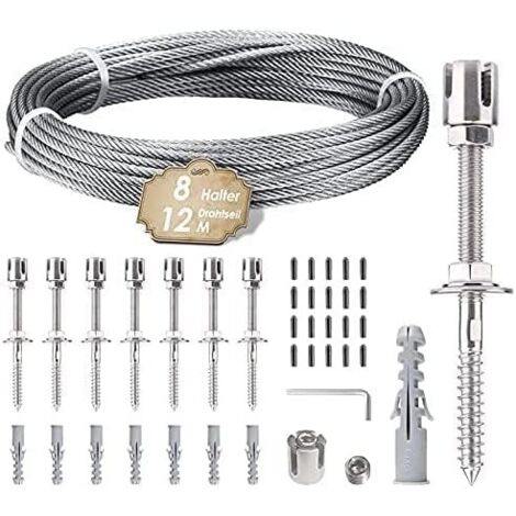 Kit completo de soporte de acero inoxidable para plantas trepadoras con 8 soportes y 12 m de cuerda para rosas y jardines exteriores.