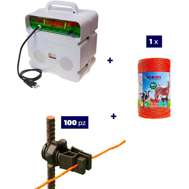 

Gemi Elettronica - Kit completo Para Pastor Eléctrico : 1x Electrificadores 220 V + 1x hilo canductores 500 mt 4 mm² + 100 Aisladores para postes de