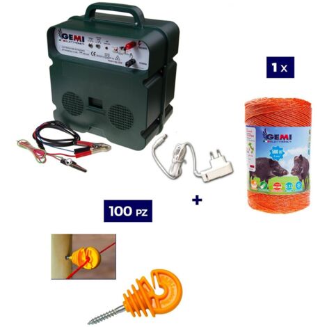 Kit completo Para Pastor Eléctrico : 1x Electrificador 12V / 220 V + 1x hilo canductores 500 mt 6 mm² + 100 Aisladores para postes de Madera - Cerca Eléctrica Valla Eléctrica para animales jabalívacas