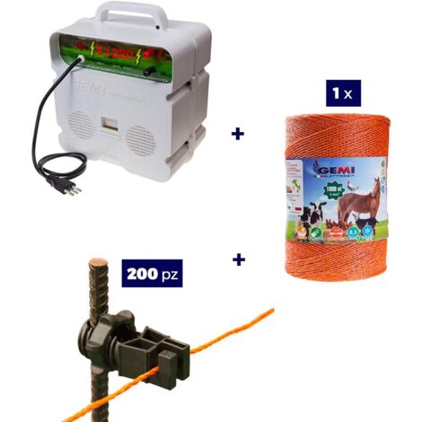 Kit completo Para Pastor Eléctrico : 1x Electrificadores 220 V + 1x hilo canductores 1000 mt 4 mm² + 200 Aisladores para postes de hierro - Cerca Eléctrica Valla Eléctrica  para animales jabalívacas c