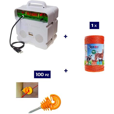 Kit completo Para Pastor Eléctrico : 1x Electrificadores 220 V + 1x hilo canductores 500 mt 4 mm² + 100 Aisladores para postes de Madera - Cerca Eléctrica Valla Eléctrica para animales jabalí vacas ca