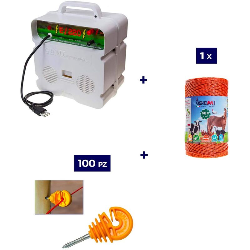 

Kit completo Para Pastor Eléctrico : 1x Electrificadores 220 V + 1x hilo canductores 500 mt 4 mm² + 100 Aisladores para postes de Madera - Cerca