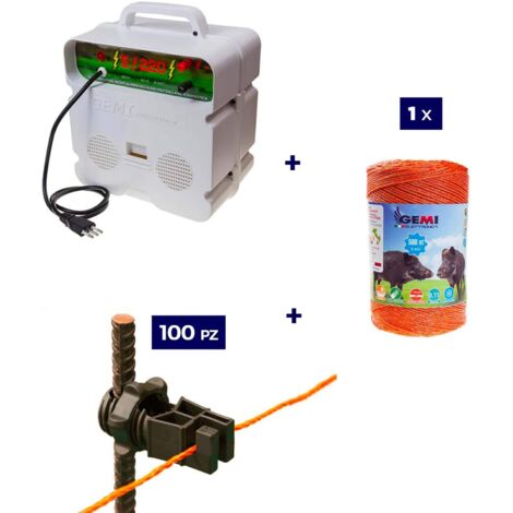 Kit completo per recinto elettrico con 1 x Elettrificatore 220V + 1 x Filo 500 MT 6 Mm² + 100 pz isolatori per paletti in ferro - Recinzione Elettrica Per Animali Cinghiali Mucche Cavalli Maiali Cervi