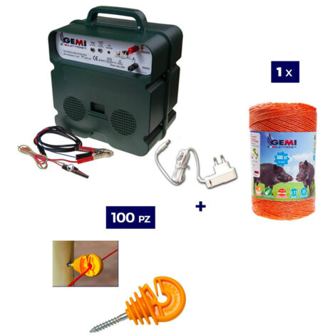 Kit completo per recinto elettrico con 1 x Elettrificatore B12 a doppia alimentazione 12 V / 220 V + 1 x Filo 500 MT 6 Mm² + 100 pezzi isolatori per paletti in legno - Recinzione Elettrica per animali