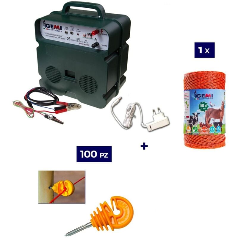 Kit completo per recinto elettrico con Elettrificatore 12 V / 220 V a doppia alimentazione + Filo 500 MT 4 Mm² + 100 pezzi isolatori per pali in