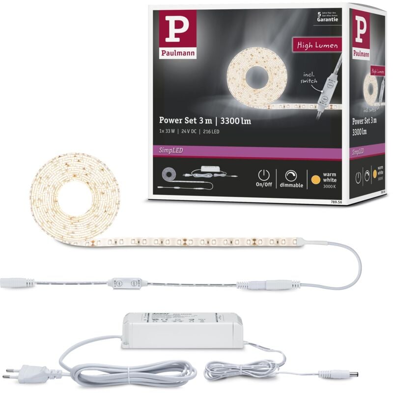 Paulmann - Power Warm White 78956 Strip led SimpLED Alimentazione con dimmer su Cavo da 3m 1100lm/m incl. 1x33 Watt IP44 dimmerabile Bianco plastica