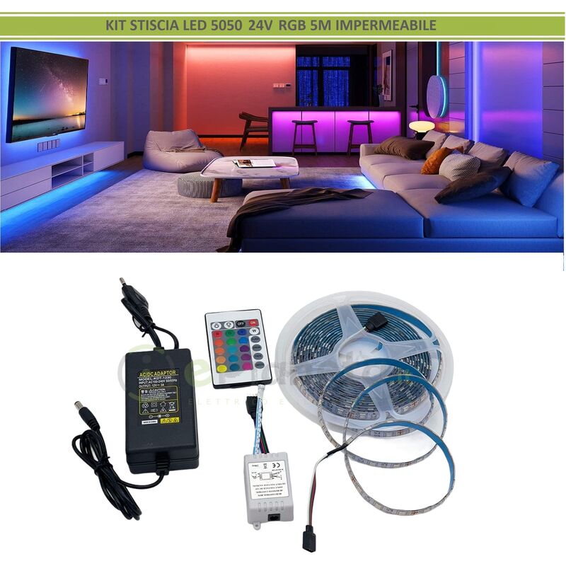 Image of Kit completo striscia led rgb 5 metri 24V 16W 5050 con telecomando trasformatore strip impermeabile esterno