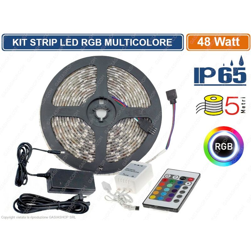 Image of Kit con striscia led 5050 multicolore rgb 5 metri controller e alimentatore IP65