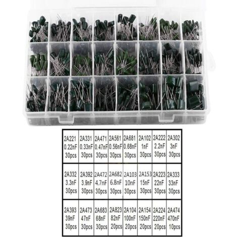 Kit condensatori da 660 pezzi a 24 valori da 100 V da 0,22 nF a 470 nF, condensatori, capacità