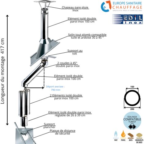 Kit conduit double paroi isolé dévoiement sortie toiture Ediliso25 Edilinox Diamètre 150 Version Déport : 79 cm Longueur 417 cm