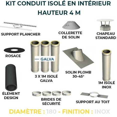 Conduit de cheminée en inox Ø 180mm - Kit complet - Conduit double paroi  (Solin 0°, 5m) │ Conduit isolé