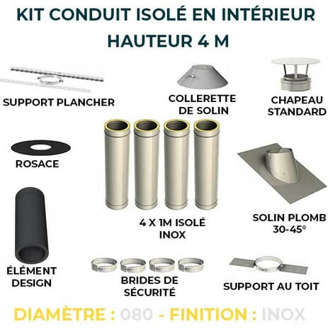 KIT CONDUIT ISOLE EN INTERIEUR - 4 MÈTRES | 80 - Inox