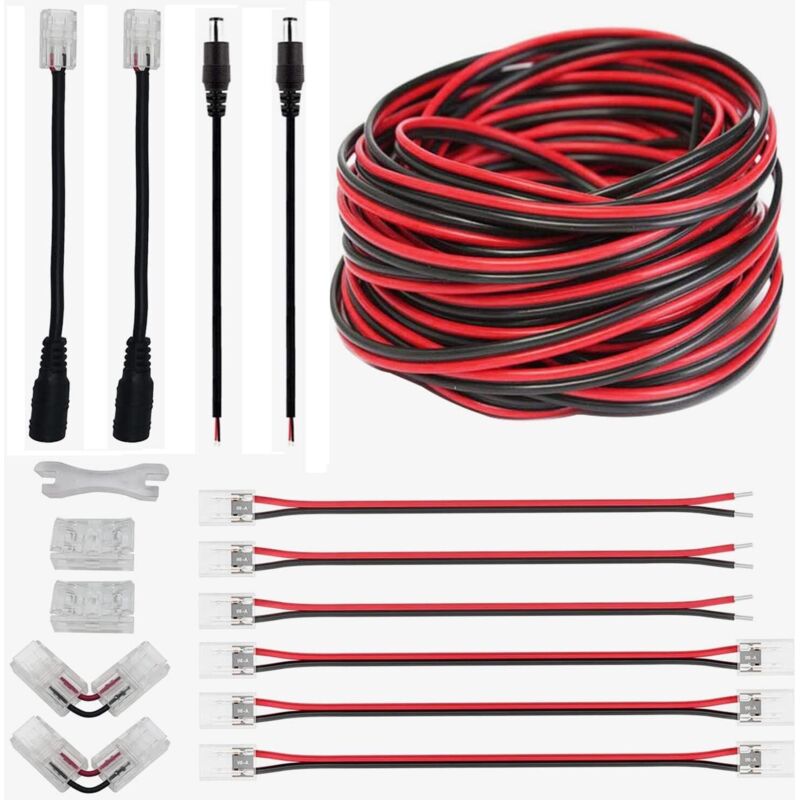 Kit Connecteurs 3528 2835 Led, 6 x 2 pin Connecteur LED Bande Flexible Câble Adaptateur Jumper 8 mm, 4 x Connecteurs Gapless, 4 x DC Connecteur
