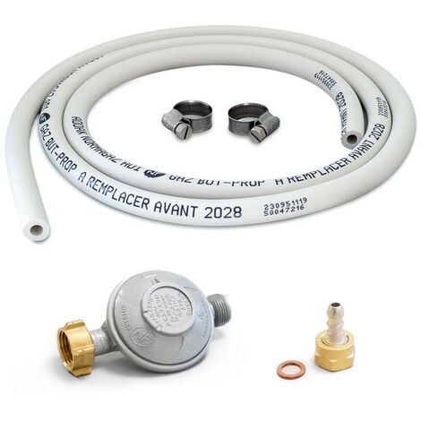 Kit connexion gaz complet pour réchauds gaz tuyau souple 1.50m + Embout tétine + Détendeur butane 28 mbars