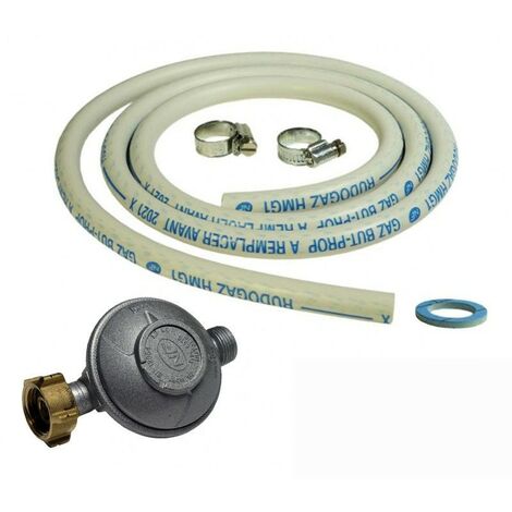 Kit connexion gaz pour réchauds gaz Tuyau gaz souple 1.50m + Embout tétine + détendeur BUTANE 28 mbars