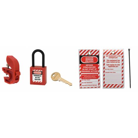 Thirard – Kit de consignation électrique N°3 – Verrouillage disjoncteur universel en nylon rouge – Étiquette 'Défense d'enclencher' – 1 clé incluse