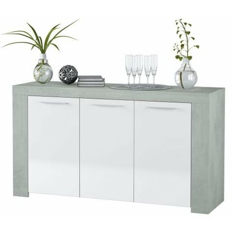 USINESTREET Credenza, Madia moderna a 3 ante, Buffet da soggiorno, Mobile porta TV, Madia per salotto, cm 144x42h80, Cemento e Bianco