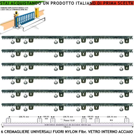 Kit Cremagliera M4 Antiusura Universale Sei Pezzi da 1 Metro in Nylon Antirumore Interno Acciaio Portata Garantita 6 Q.li Max 10 Q.li 6 Bulloni X Metro Ricambio Cancello Scorrevole Giunture a Incastro