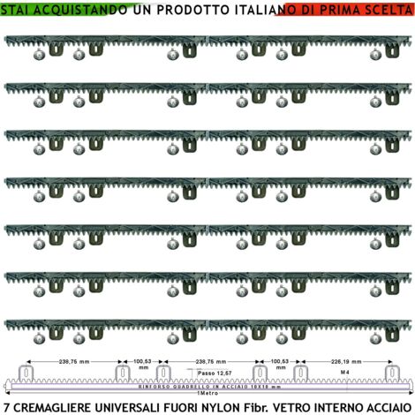 Kit Cremagliera Universale M4 Antiusura Sette Pezzi da 1 Metro in Nylon Antirumore Con Anima in Acciaio Portata 6 Q.li Max 10 Q.li 6 Bulloni Per Metro Ricambio Cancello Scorrevole Giunture ad Incastro
