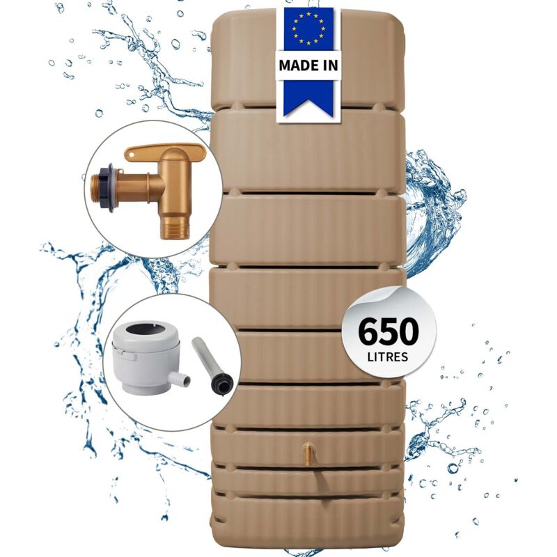 Garantia - 4rain Kit Cuve Murale slim 650L taupe avec Robinet pe Imitation laiton et Collecteur Filtrant Eco gris
