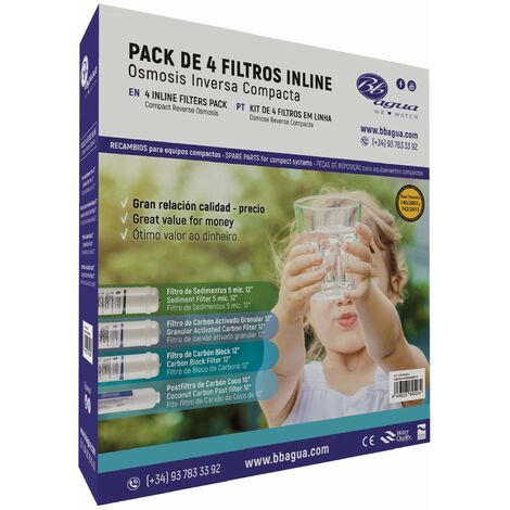 Kit da 4 filtri Inline 12" per impianti di osmosi inversa compatti. 1 filtro di edimenti, 1 carbone attivato, 1 carbone Block e 1 Post Filtro di carbone Coco. Bbagua