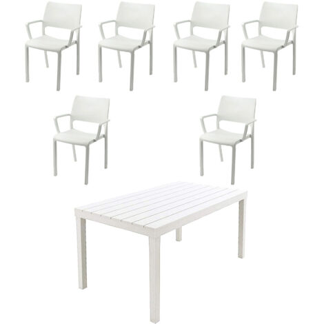 Kit da giardino tavolo e 6 Sedie con braccioli in resina bianca effetto legno per interno esterno bar pub ristorante terrazza