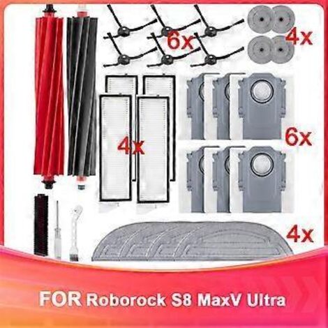 Kit d'accessoires pour aspirateur robot Roborock S8 MaxV Ultra : brosses principales, sacs à poussière, lingettes de nettoyage, filtres.