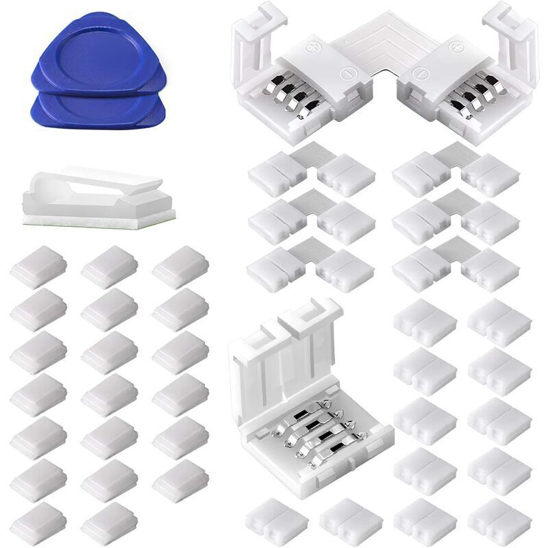 Kit d'accessoires pour connecteurs de bande LED - 5050 Connecteurs LED RGB 10 mm 4Pin, Comprend 20x pinces pour fils, 12x connecteurs Gapless, 6x